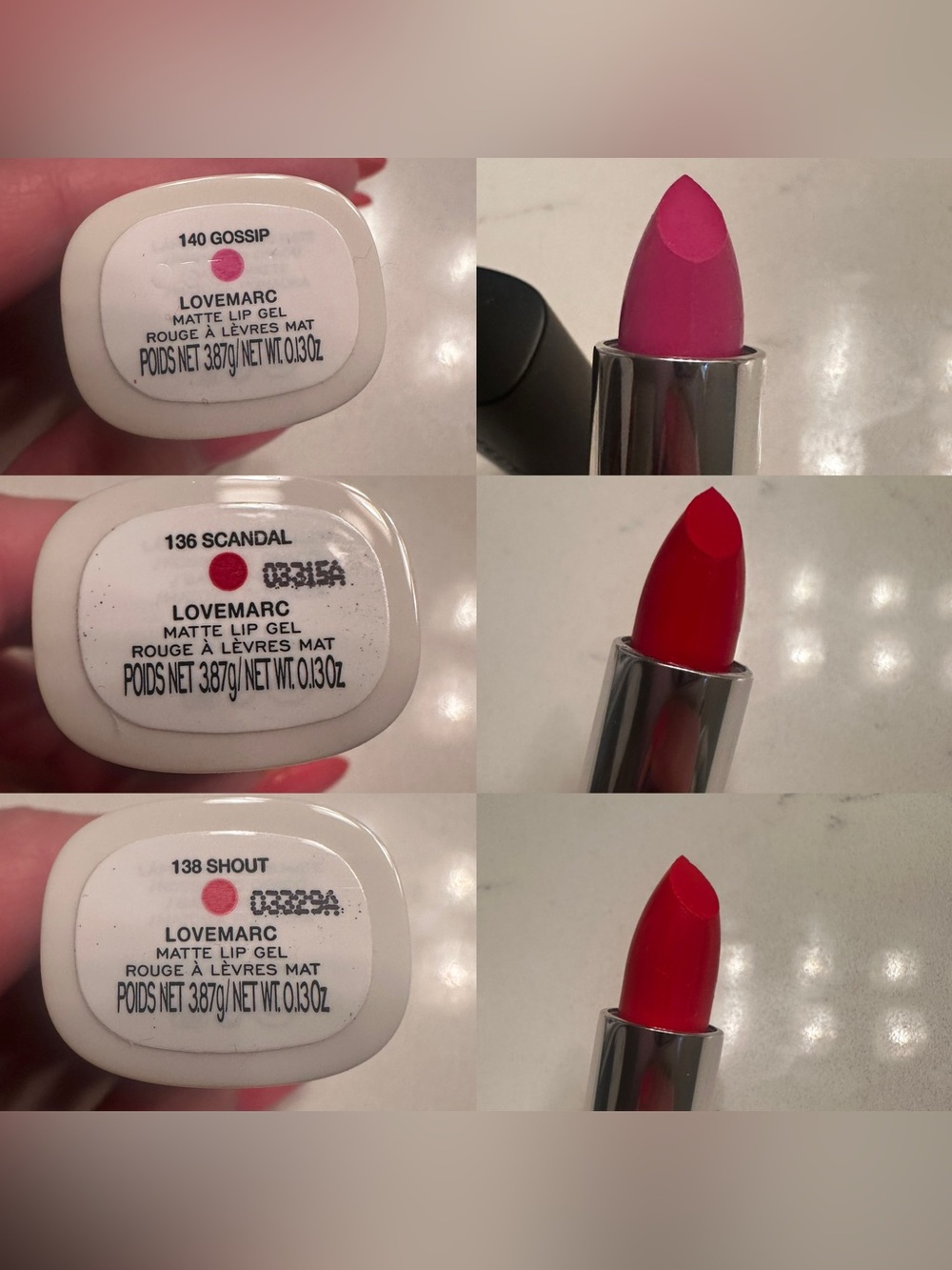 Marc Jacobs LOVEMARC Lip Gels in Scandal, Gossip, and Shout